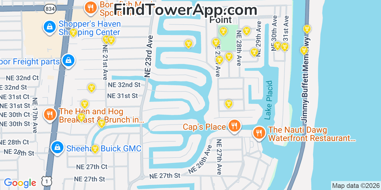 Map showing the 20 primary cell tower locations detected in Lighthouse Point, Florida from AT&T, Verizon, and T-Mobile networks