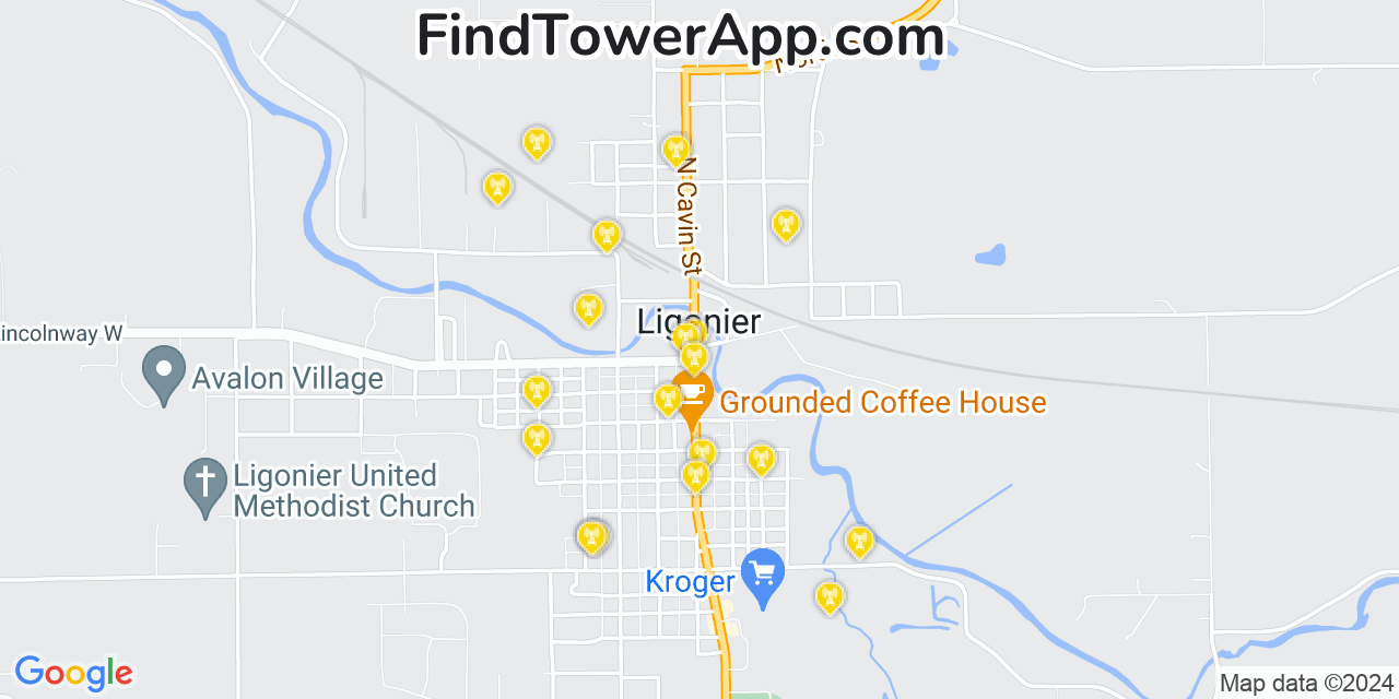 AT&T 4G/5G cell tower coverage map Ligonier, Indiana