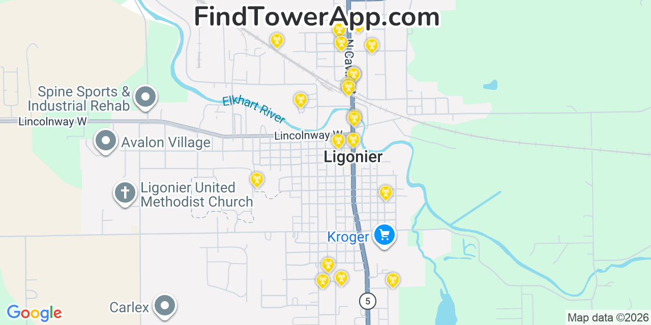 Map showing the 20 primary cell tower locations detected in Ligonier, Indiana from AT&T, Verizon, and T-Mobile networks