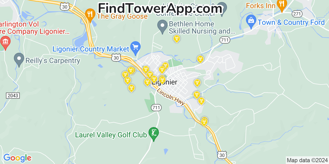 AT&T 4G/5G cell tower coverage map Ligonier, Pennsylvania