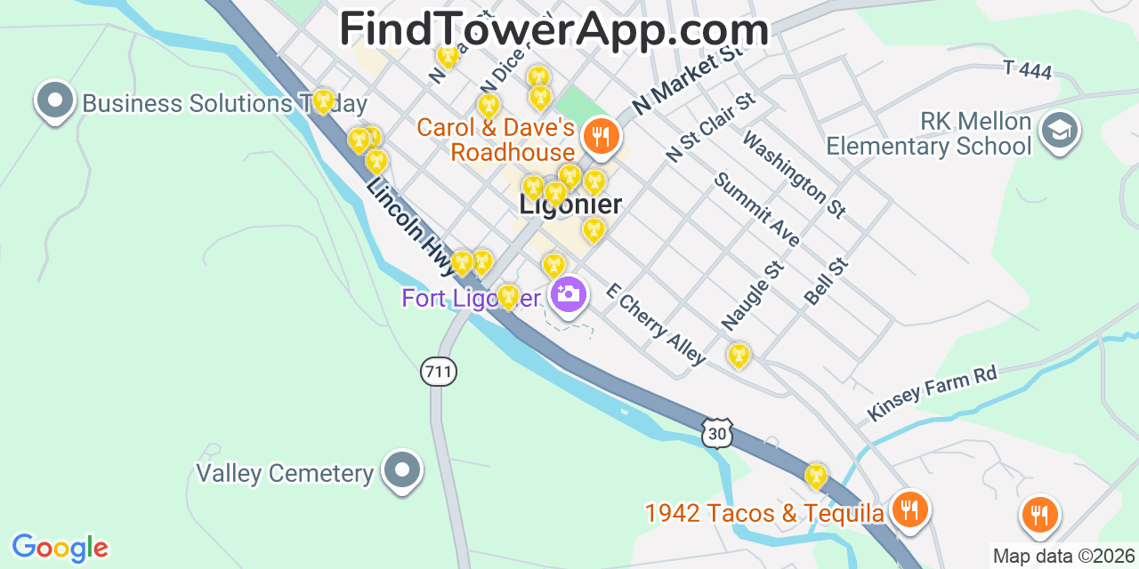 Map showing the 20 primary cell tower locations detected in Ligonier, Pennsylvania from AT&T, Verizon, and T-Mobile networks