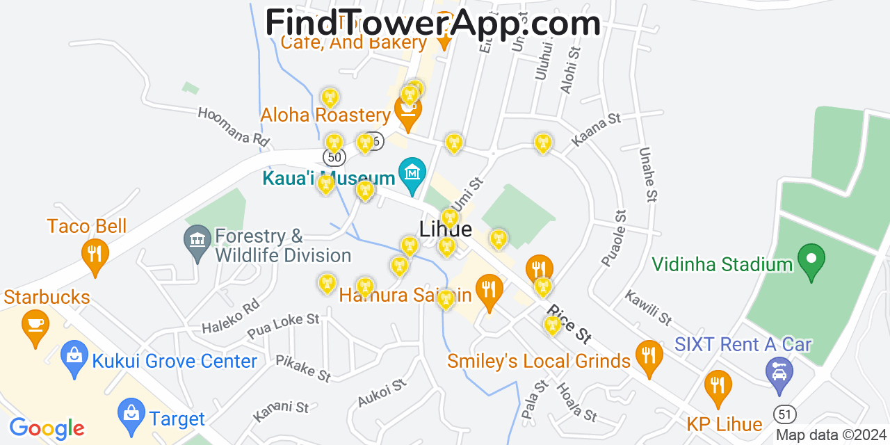 AT&T 4G/5G cell tower coverage map Lihue, Hawaii