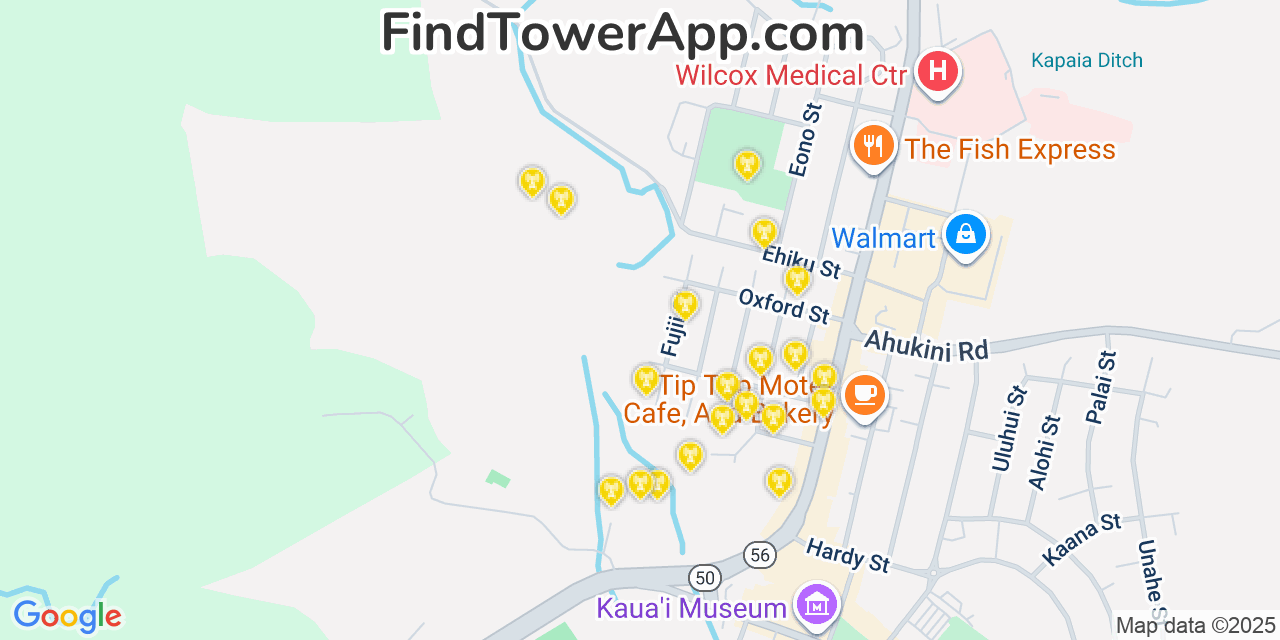 Map showing the 20 primary cell tower locations detected in Lihue, Hawaii from AT&T, Verizon, and T-Mobile networks
