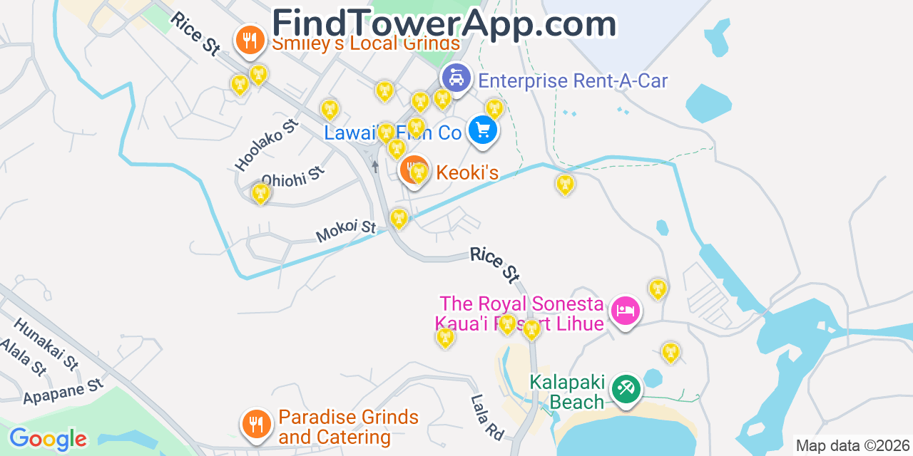 Map showing the 20 primary cell tower locations detected in Lihue, Hawaii from AT&T, Verizon, and T-Mobile networks