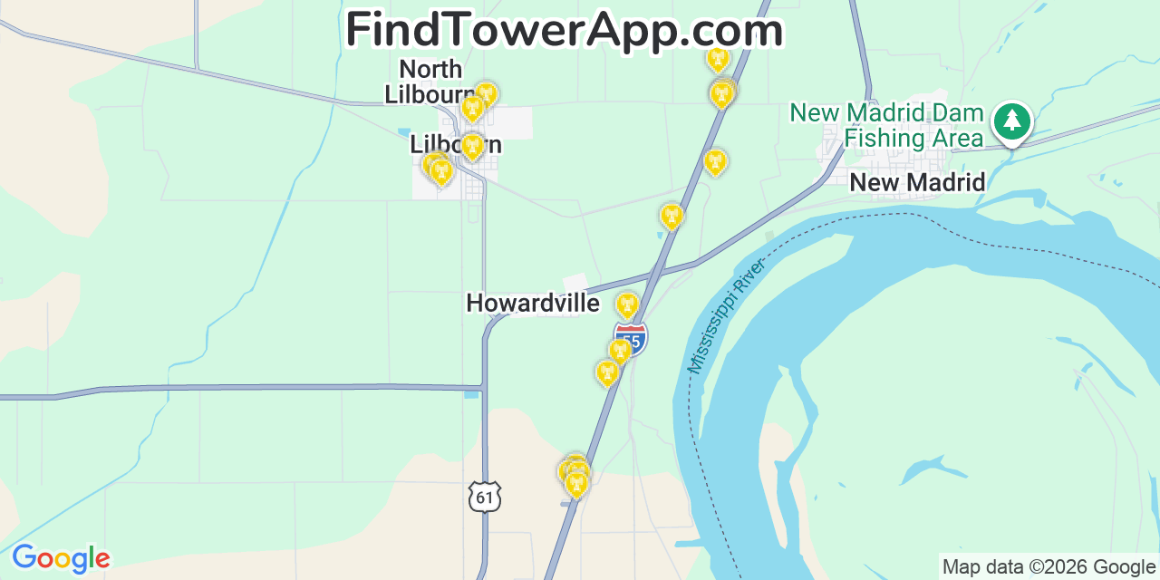 Map showing the 20 primary cell tower locations detected in Lilbourn, Missouri from AT&T, Verizon, and T-Mobile networks