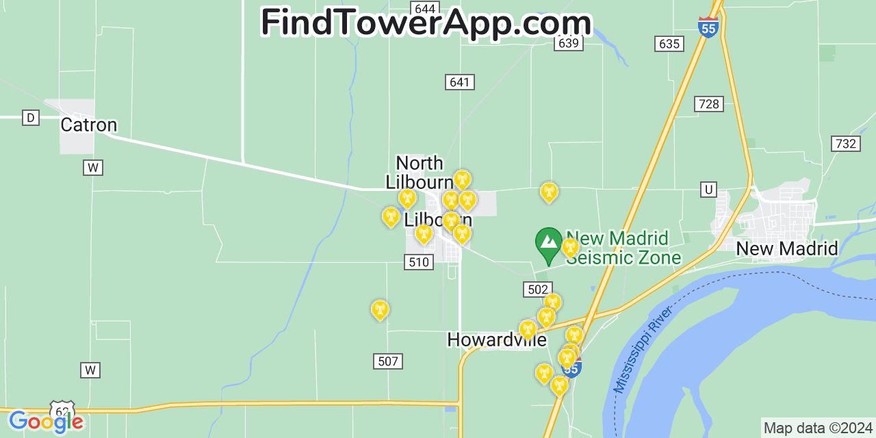 Verizon 4G/5G cell tower coverage map Lilbourn, Missouri