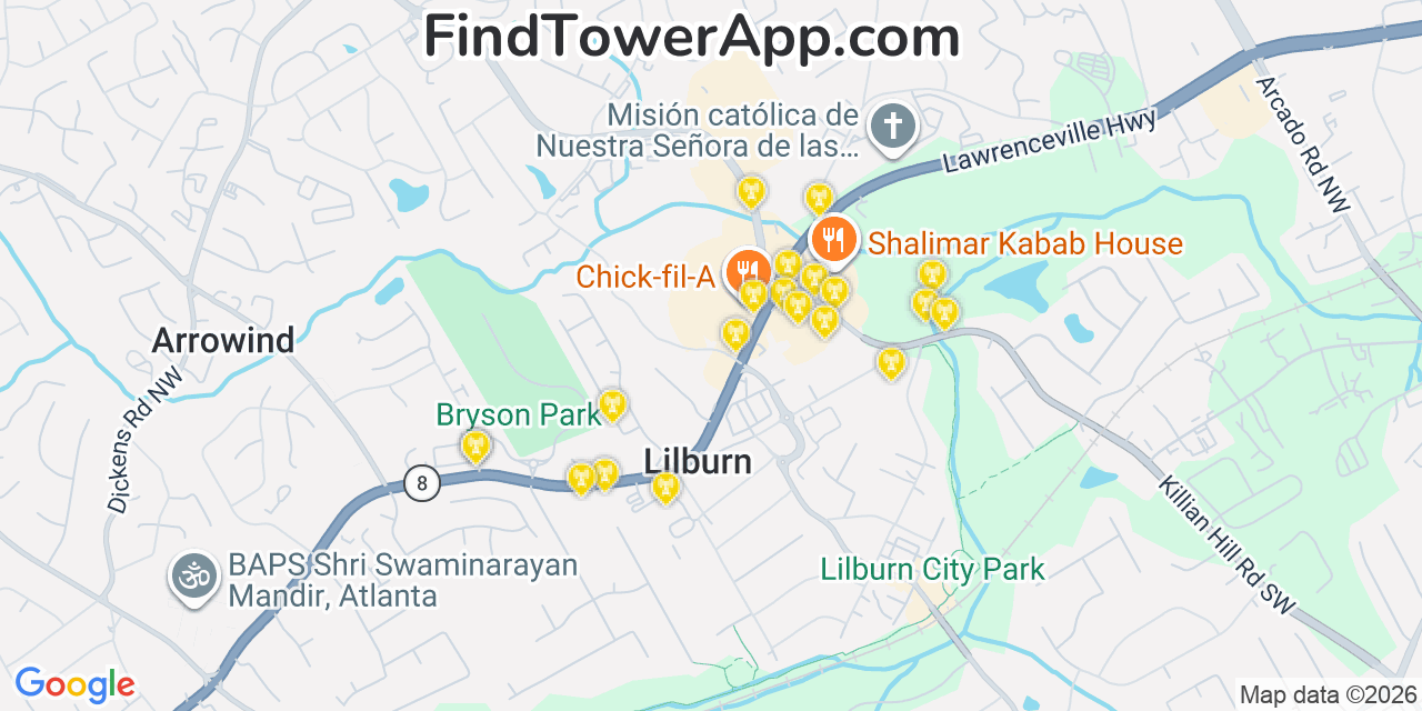 Map showing the 20 primary cell tower locations detected in Lilburn, Georgia from AT&T, Verizon, and T-Mobile networks