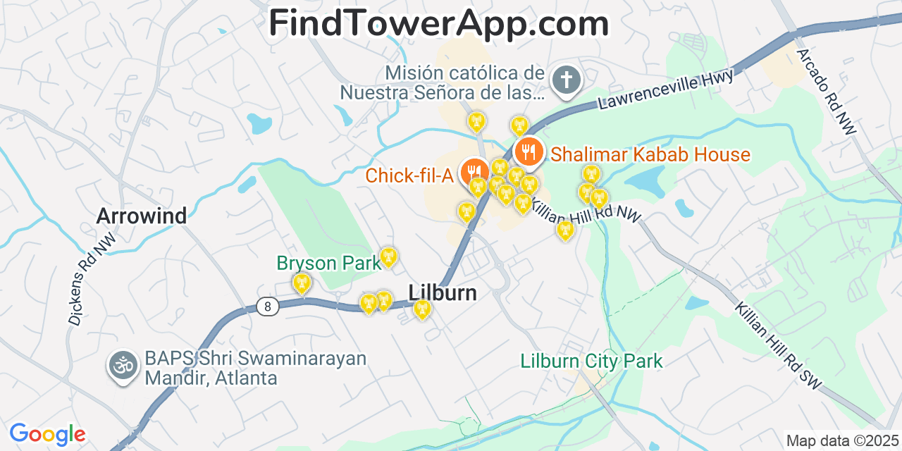 Map showing the 20 primary Mobitel cell tower locations detected in Lilburn, Georgia with coverage radius and signal strength indicators