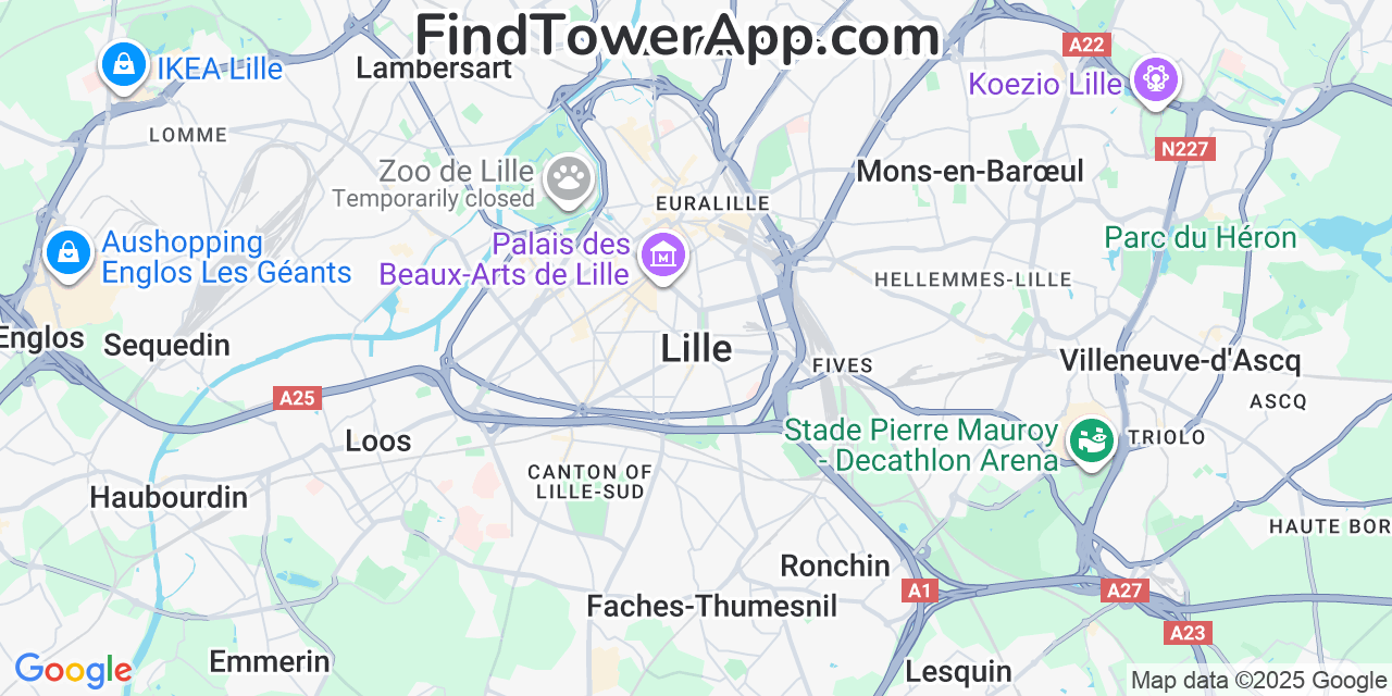 Map showing the 0 primary Free cell tower locations detected in Lille, France with coverage radius and signal strength indicators