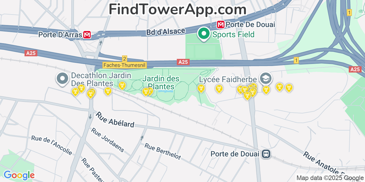 Map showing the 20 primary cell tower locations detected in Lille, France with coverage areas and signal strength
