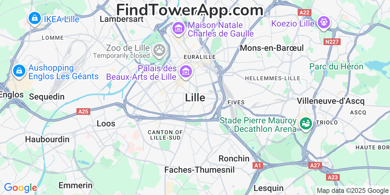 Map showing the 0 primary Orange cell tower locations detected in Lille, France with coverage radius and signal strength indicators