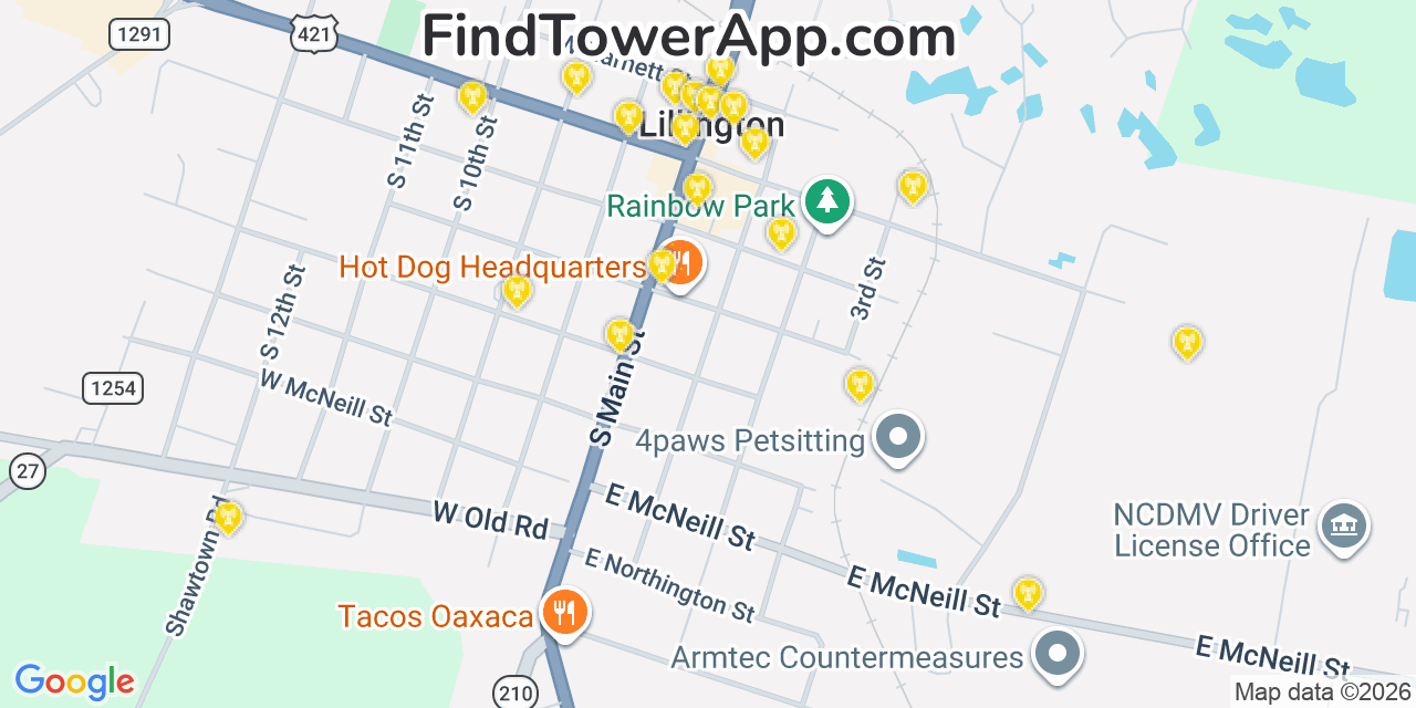 Map showing the 20 primary cell tower locations detected in Lillington, North Carolina from AT&T, Verizon, and T-Mobile networks