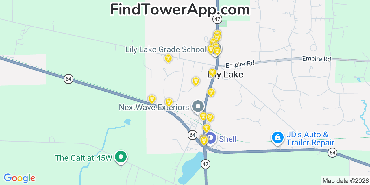 Map showing the 20 primary cell tower locations detected in Lily Lake, Illinois from AT&T, Verizon, and T-Mobile networks