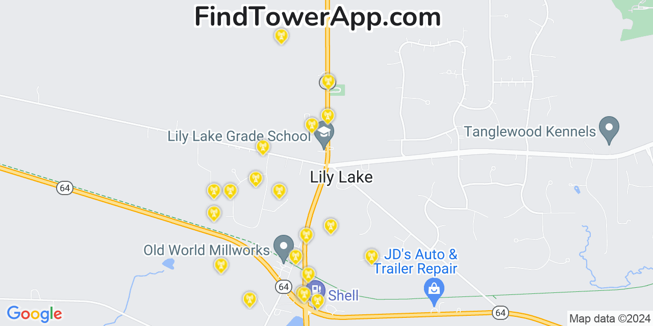 Verizon 4G/5G cell tower coverage map Lily Lake, Illinois