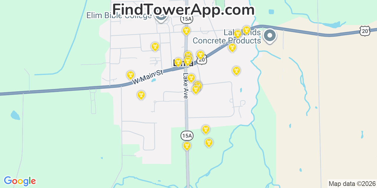 Map showing the 20 primary cell tower locations detected in Lima, New York from AT&T, Verizon, and T-Mobile networks