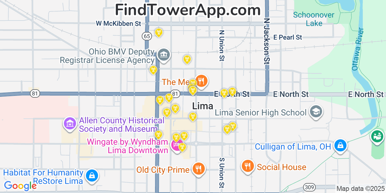 Map showing the 20 primary cell tower locations detected in Lima, Ohio from AT&T, Verizon, and T-Mobile networks