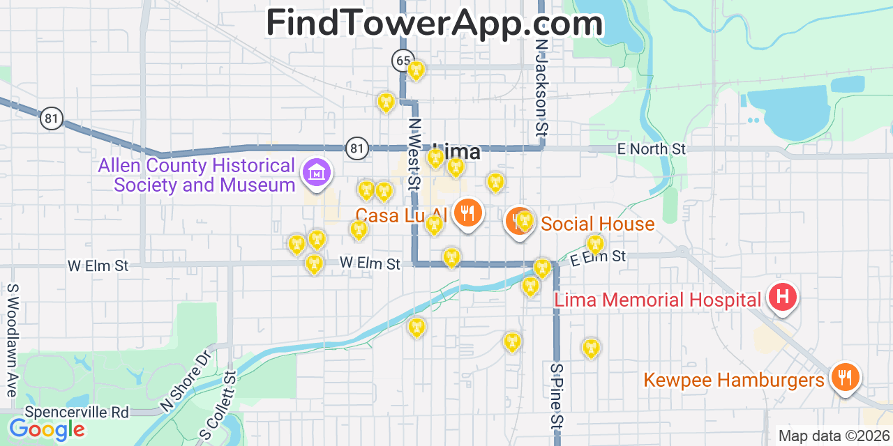 Map showing the 20 primary cell tower locations detected in Lima, Ohio from AT&T, Verizon, and T-Mobile networks