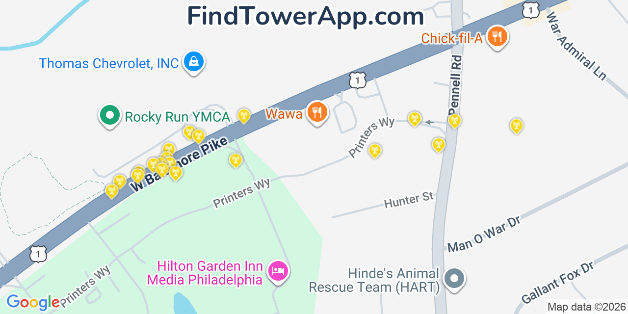 Map showing the 20 primary cell tower locations detected in Lima, Pennsylvania from AT&T, Verizon, and T-Mobile networks