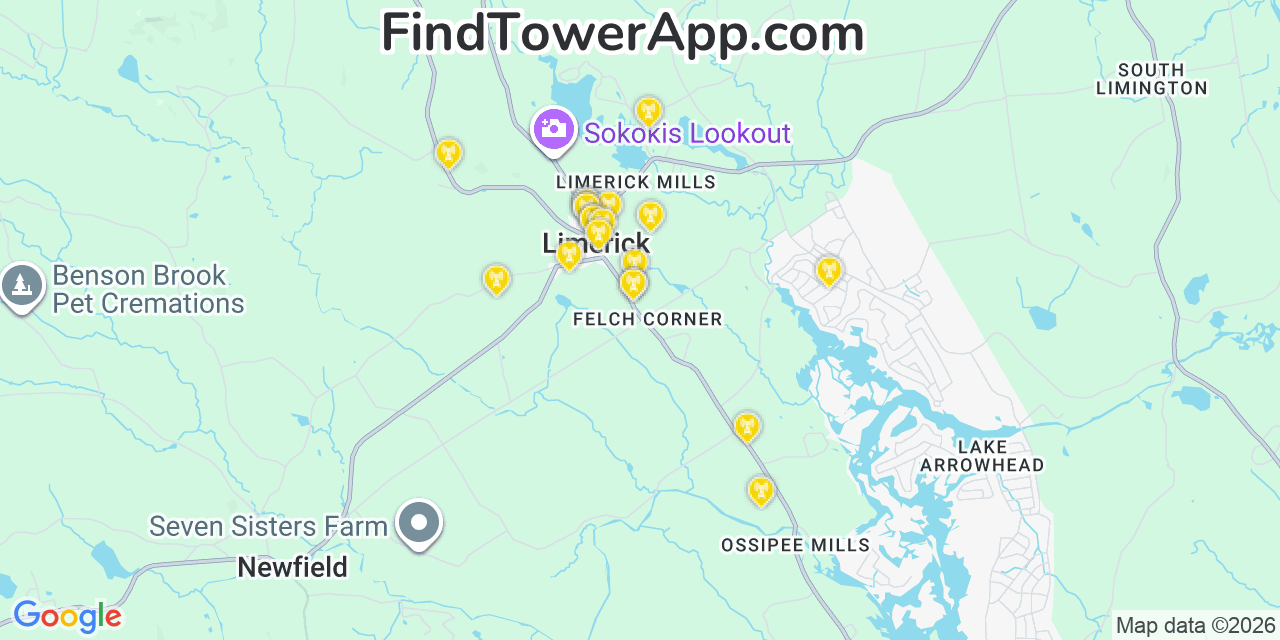 Map showing the 20 primary cell tower locations detected in Limerick, Maine from AT&T, Verizon, and T-Mobile networks