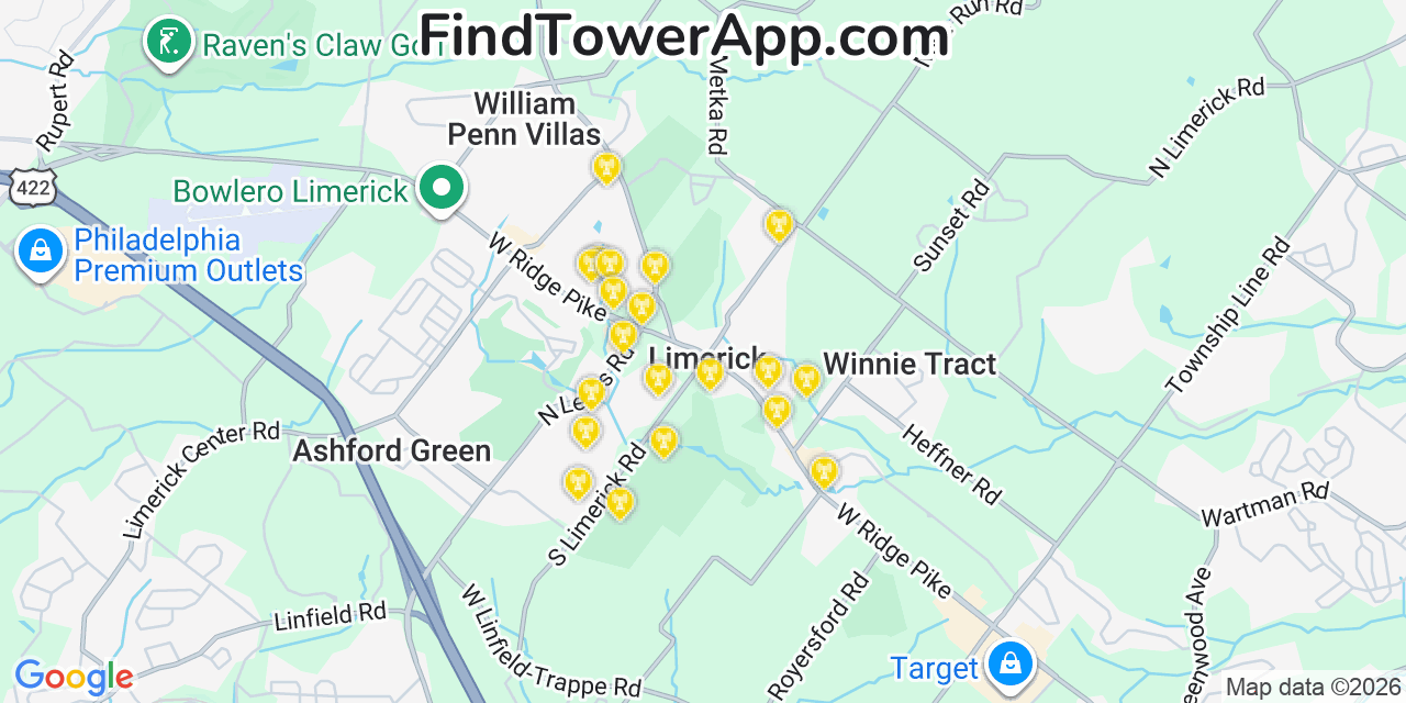 Map showing the 20 primary cell tower locations detected in Limerick, Pennsylvania from AT&T, Verizon, and T-Mobile networks