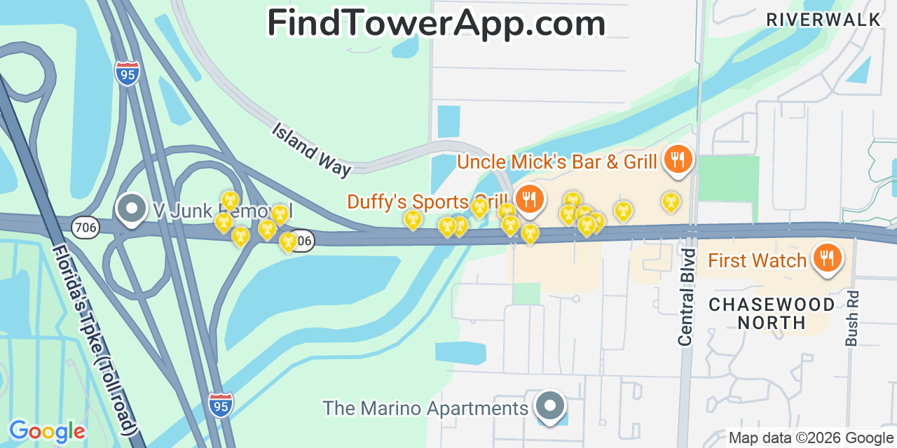 Map showing the 20 primary cell tower locations detected in Limestone Creek, Florida from AT&T, Verizon, and T-Mobile networks