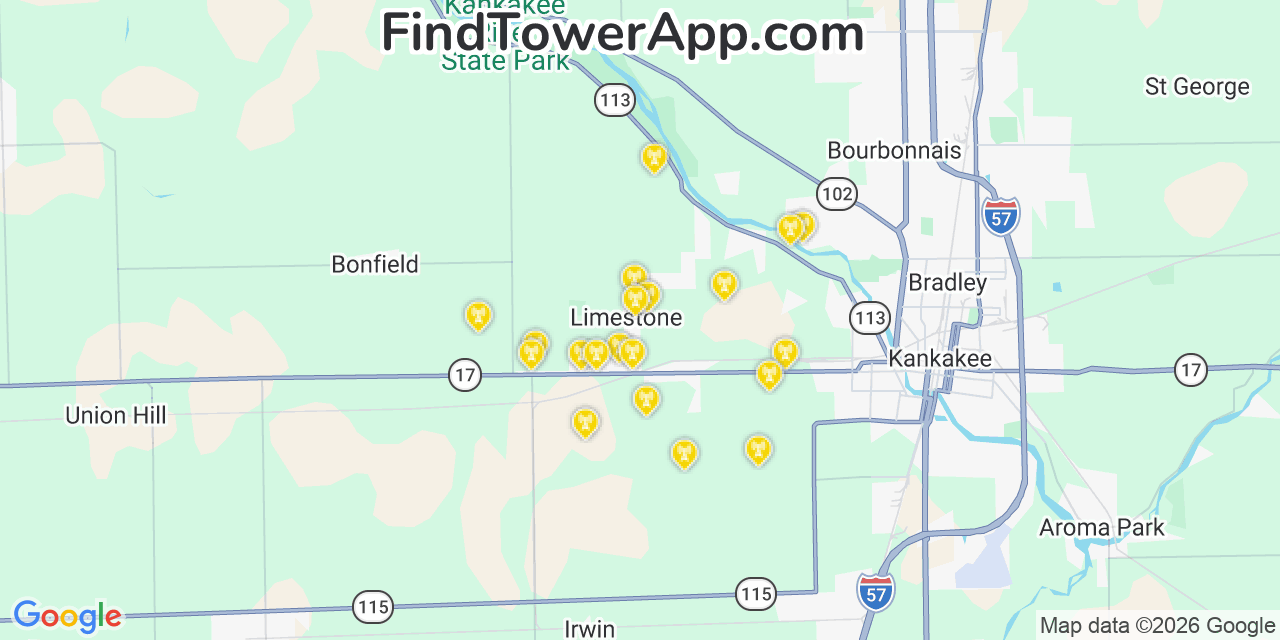 Map showing the 20 primary cell tower locations detected in Limestone, Illinois from AT&T, Verizon, and T-Mobile networks