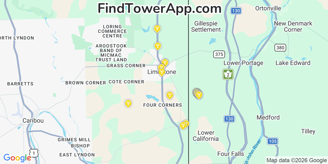 Map showing the 20 primary cell tower locations detected in Limestone, Maine from AT&T, Verizon, and T-Mobile networks