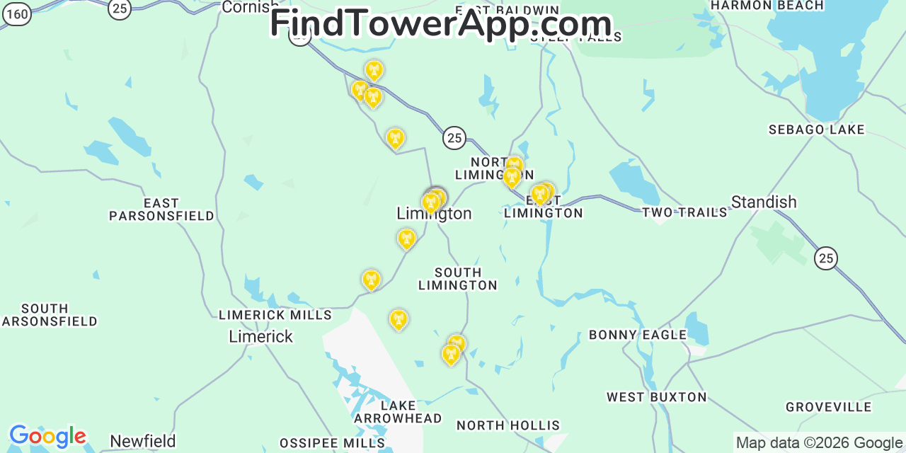 Map showing the 20 primary cell tower locations detected in Limington, Maine from AT&T, Verizon, and T-Mobile networks