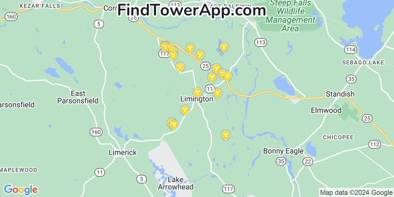 Verizon 4G/5G cell tower coverage map Limington, Maine