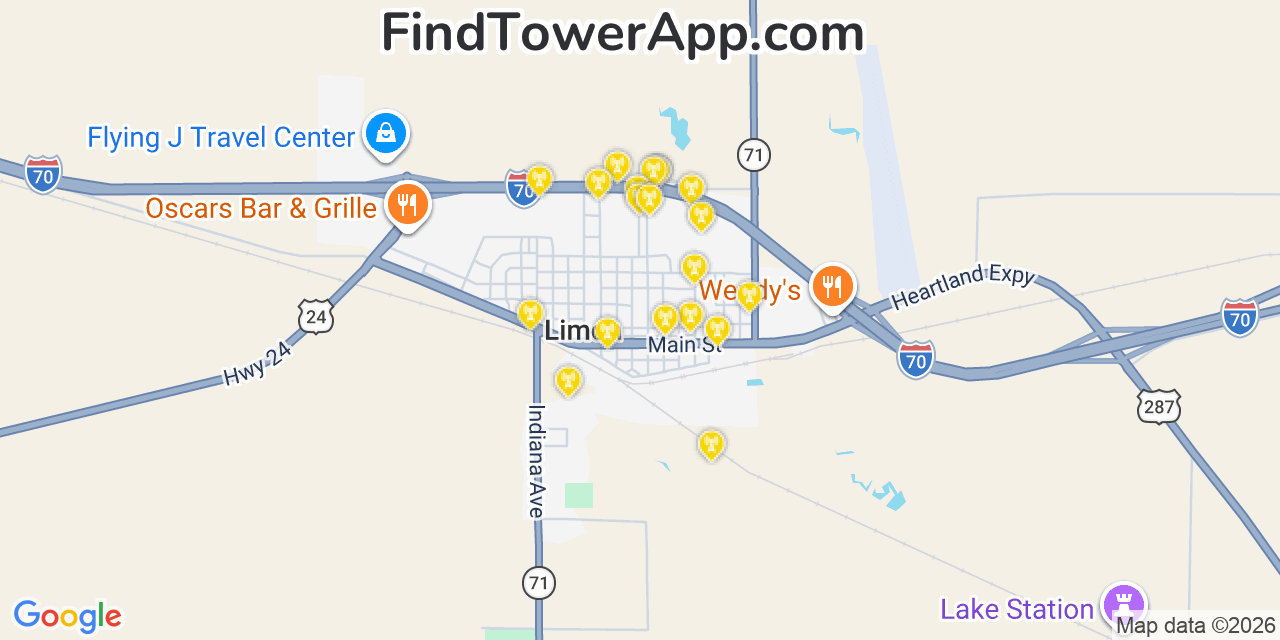 Map showing the 20 primary cell tower locations detected in Limon, Colorado from AT&T, Verizon, and T-Mobile networks