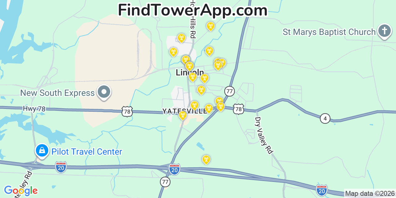 Map showing the 20 primary cell tower locations detected in Lincoln, Alabama from AT&T, Verizon, and T-Mobile networks
