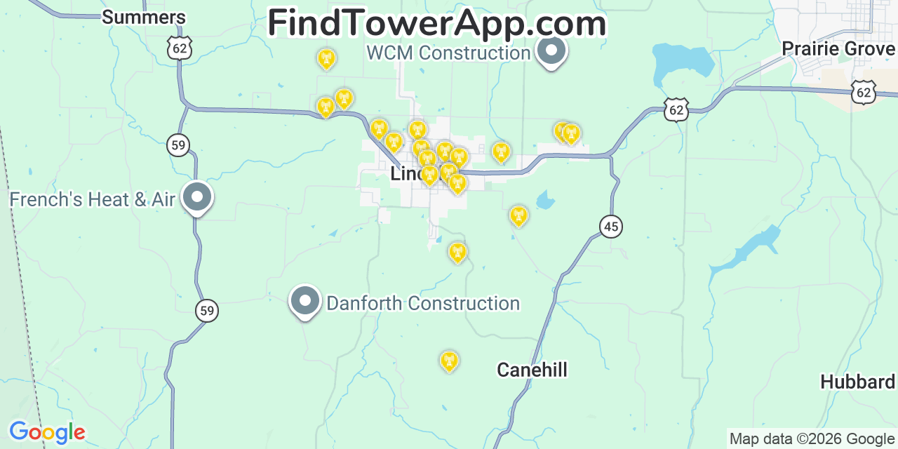 Map showing the 20 primary cell tower locations detected in Lincoln, Arkansas from AT&T, Verizon, and T-Mobile networks