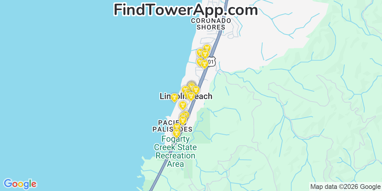 Map showing the 20 primary cell tower locations detected in Lincoln Beach, Oregon from AT&T, Verizon, and T-Mobile networks