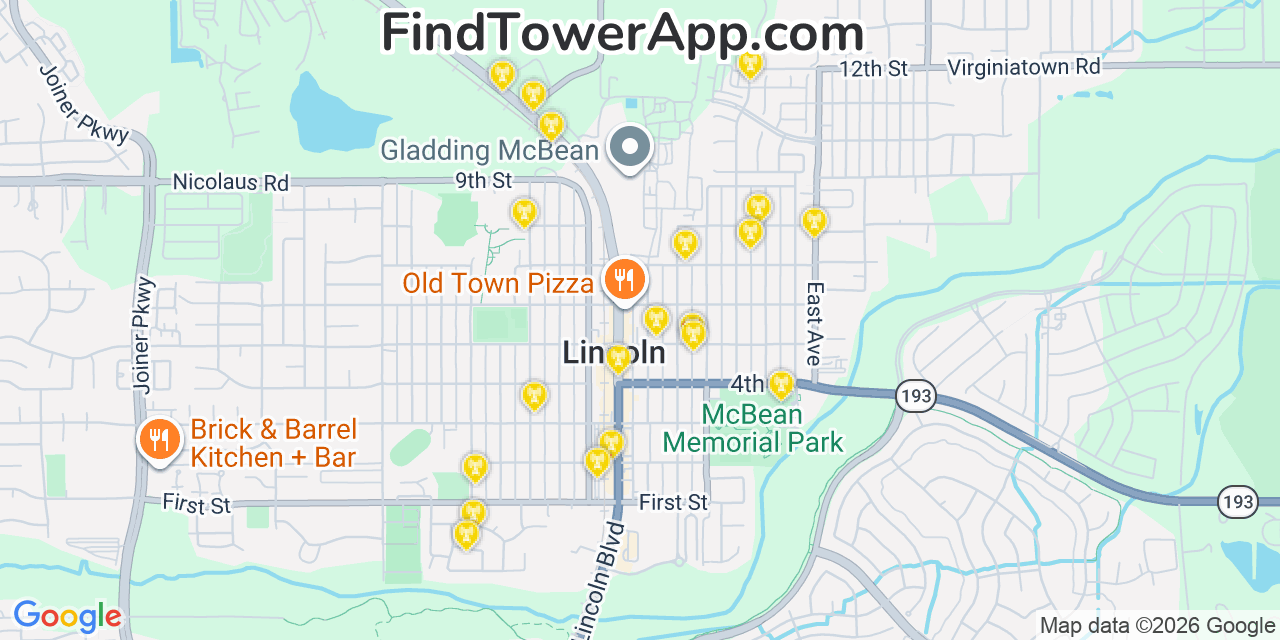 Map showing the 20 primary cell tower locations detected in Lincoln, California from AT&T, Verizon, and T-Mobile networks