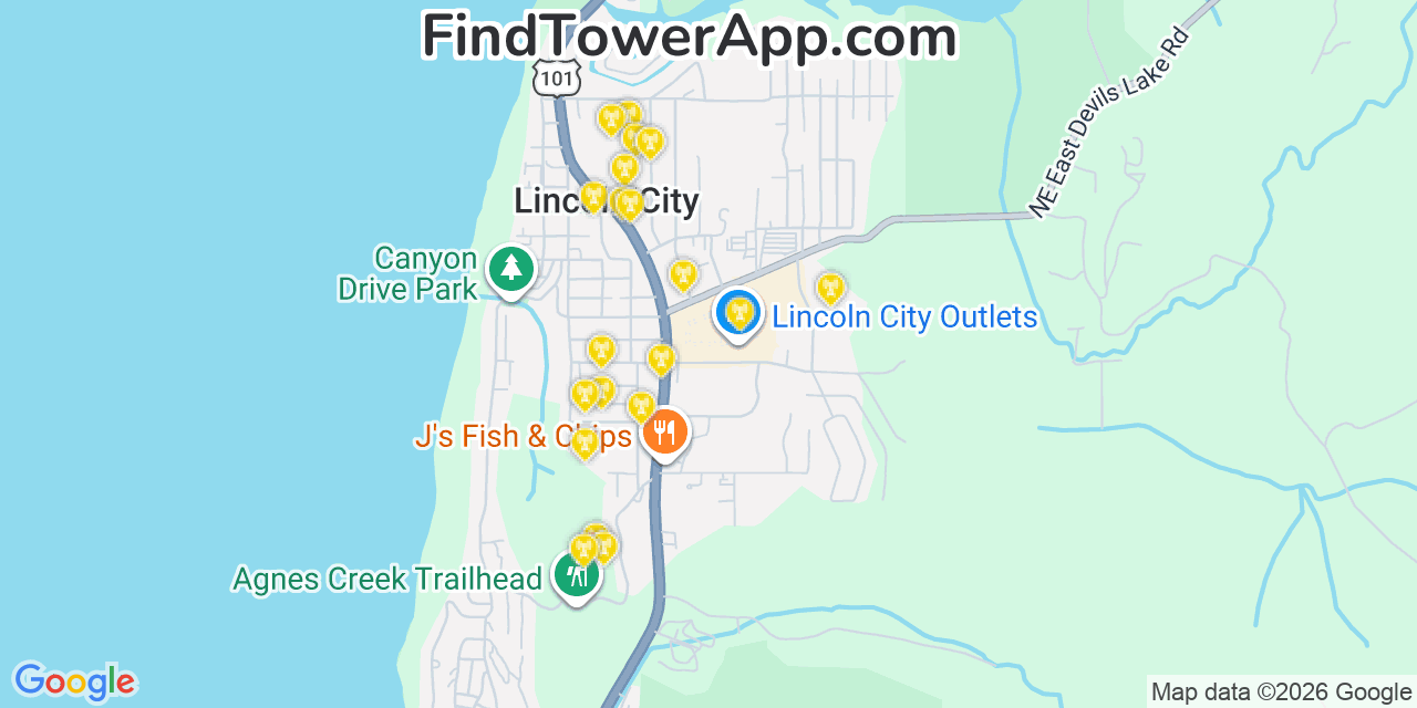 Map showing the 20 primary cell tower locations detected in Lincoln City, Oregon from AT&T, Verizon, and T-Mobile networks