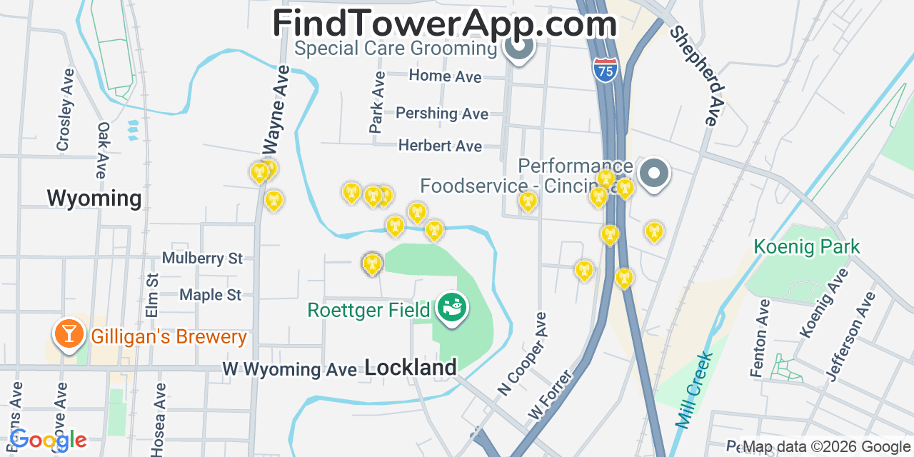 Map showing the 20 primary cell tower locations detected in Lincoln Heights, Ohio from AT&T, Verizon, and T-Mobile networks