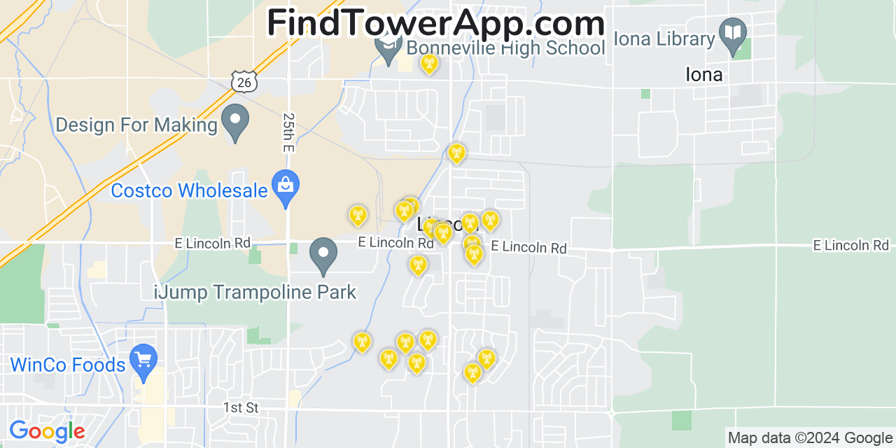 AT&T 4G/5G cell tower coverage map Lincoln, Idaho