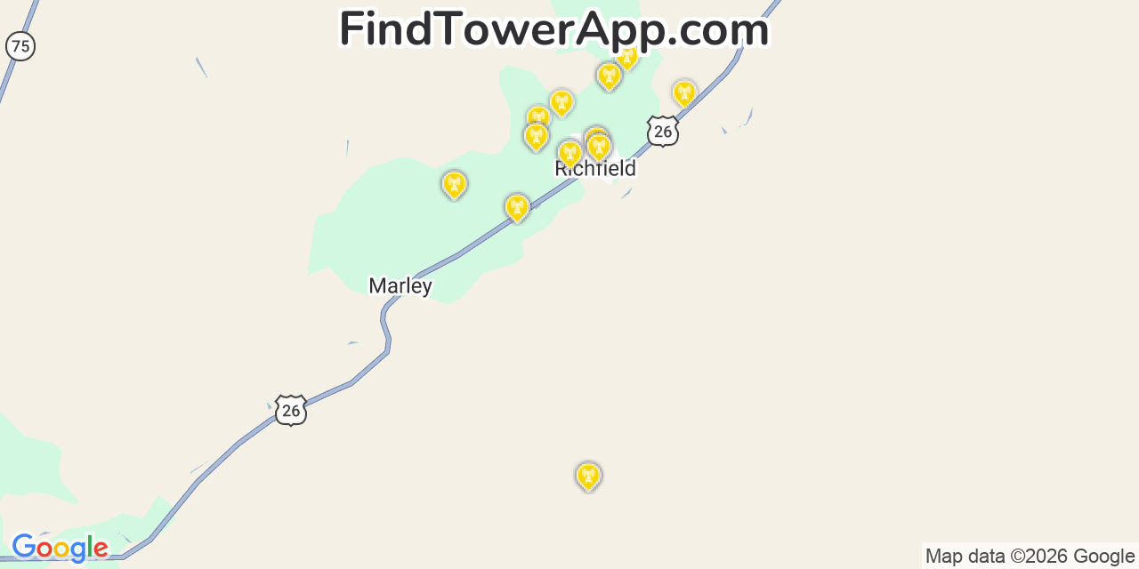 Map showing the 20 primary cell tower locations detected in Lincoln, Idaho from AT&T, Verizon, and T-Mobile networks