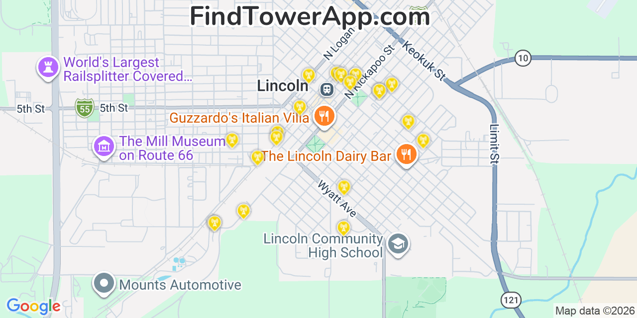 Map showing the 20 primary cell tower locations detected in Lincoln, Illinois from AT&T, Verizon, and T-Mobile networks