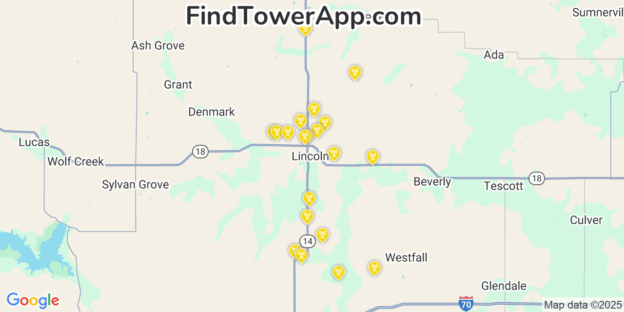 Map showing the 20 primary cell tower locations detected in Lincoln, Kansas from AT&T, Verizon, and T-Mobile networks
