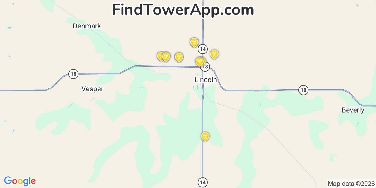 Map showing the 20 primary cell tower locations detected in Lincoln, Kansas from AT&T, Verizon, and T-Mobile networks