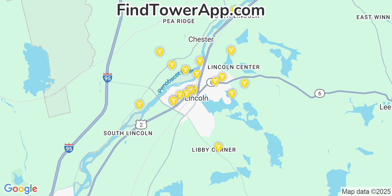 Map showing the 20 primary cell tower locations detected in Lincoln, Maine from AT&T, Verizon, and T-Mobile networks