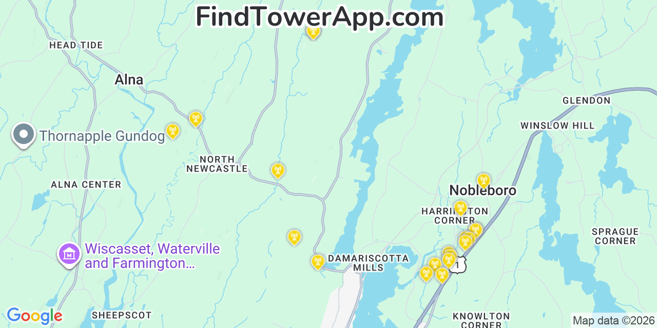 Map showing the 20 primary cell tower locations detected in Lincoln, Maine from AT&T, Verizon, and T-Mobile networks