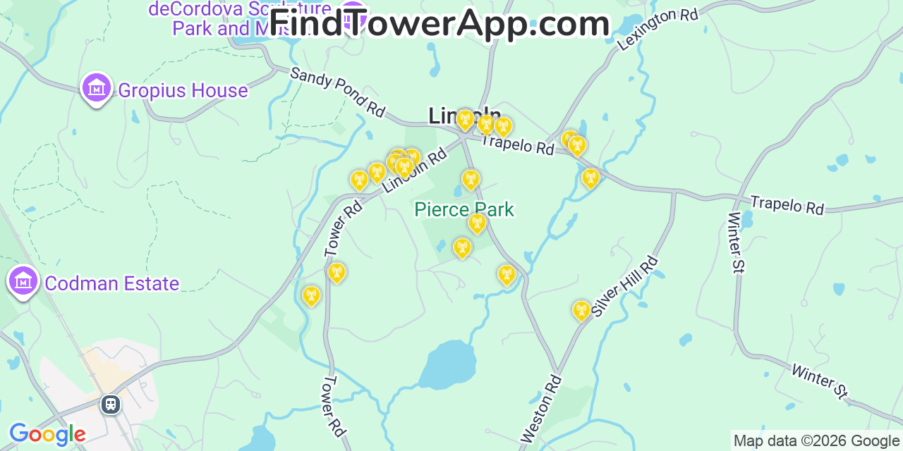 Map showing the 20 primary cell tower locations detected in Lincoln, Massachusetts from AT&T, Verizon, and T-Mobile networks