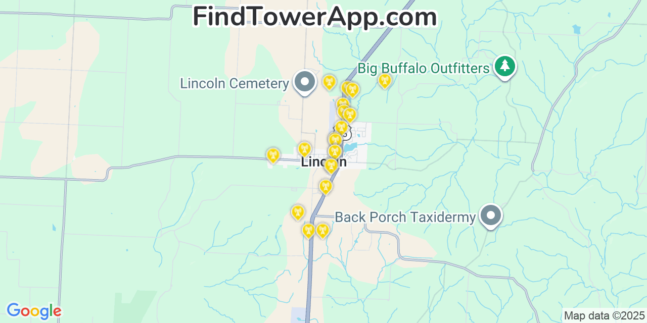 Map showing the 20 primary cell tower locations detected in Lincoln, Missouri from AT&T, Verizon, and T-Mobile networks