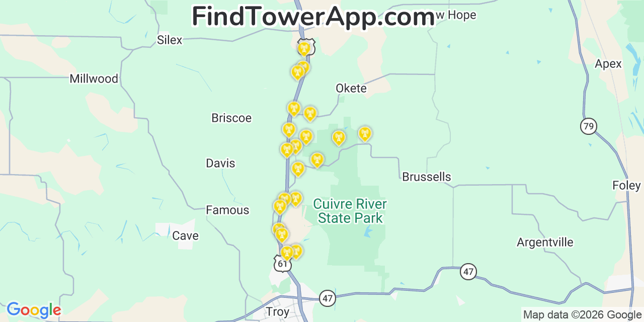 Map showing the 20 primary cell tower locations detected in Lincoln, Missouri from AT&T, Verizon, and T-Mobile networks