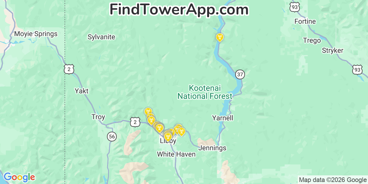Map showing the 20 primary cell tower locations detected in Lincoln, Montana from AT&T, Verizon, and T-Mobile networks
