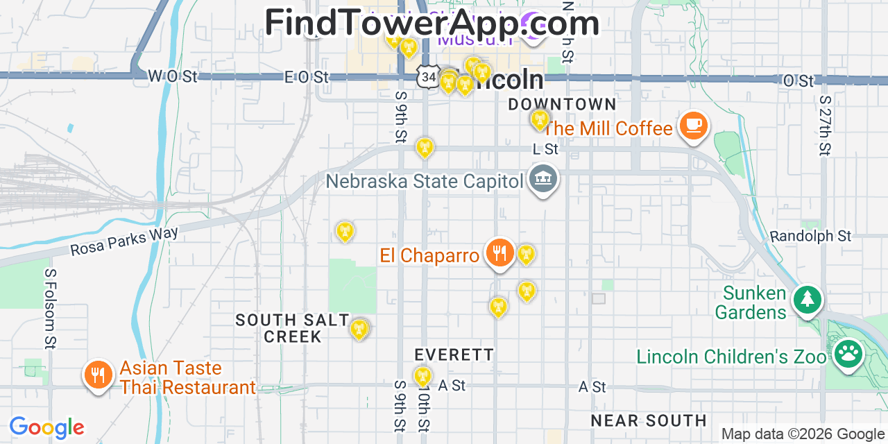 Map showing the 20 primary cell tower locations detected in Lincoln, Nebraska from AT&T, Verizon, and T-Mobile networks