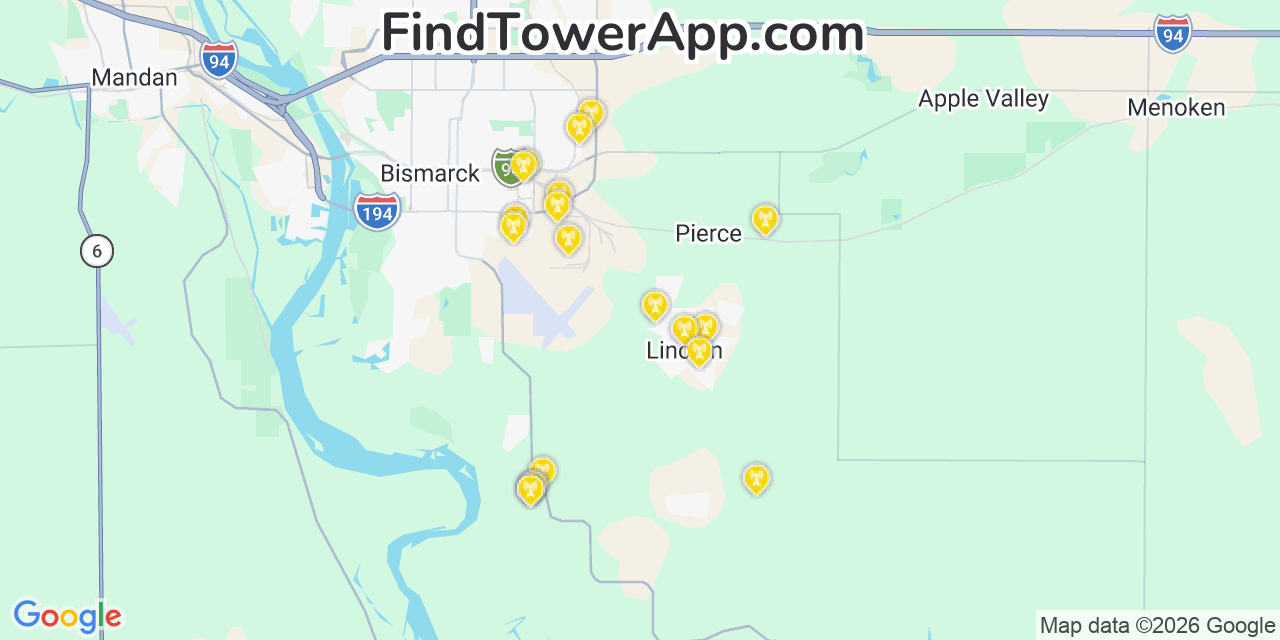 Map showing the 20 primary cell tower locations detected in Lincoln, North Dakota from AT&T, Verizon, and T-Mobile networks