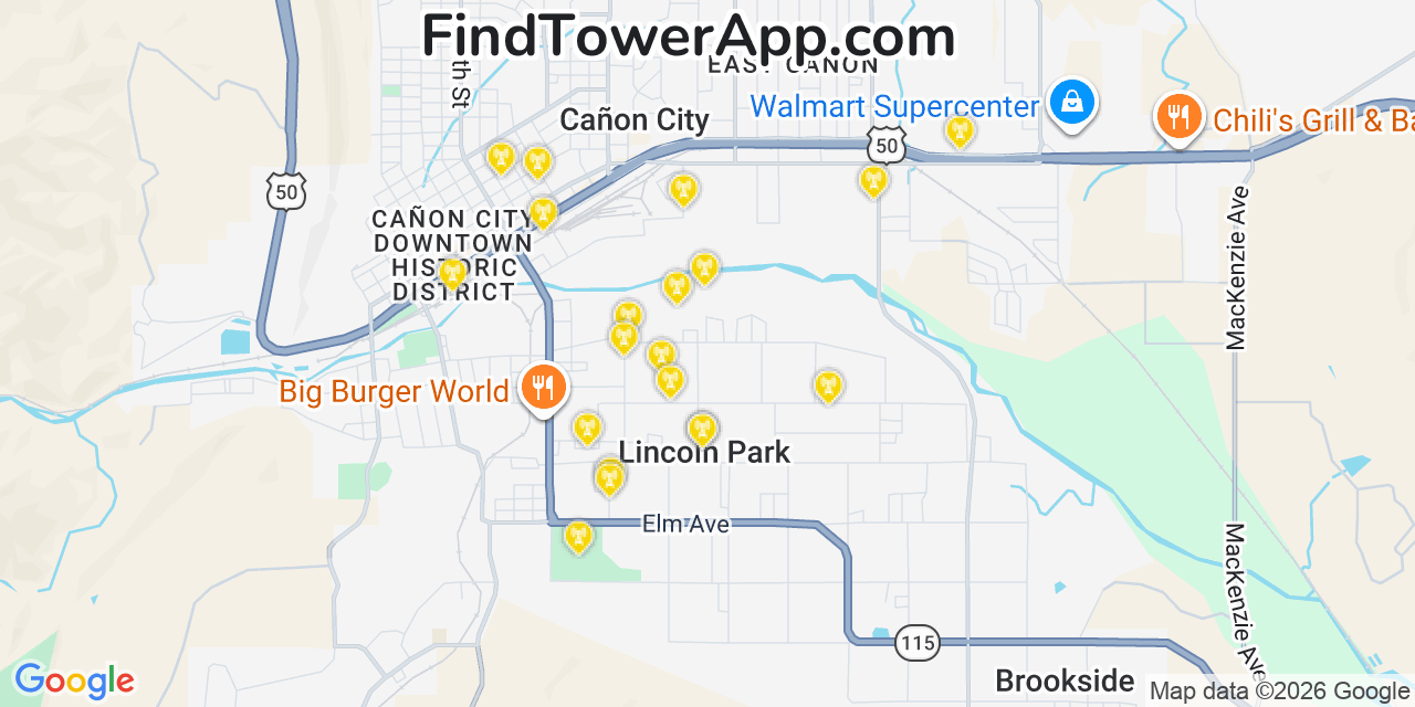 Map showing the 20 primary cell tower locations detected in Lincoln Park, Colorado from AT&T, Verizon, and T-Mobile networks